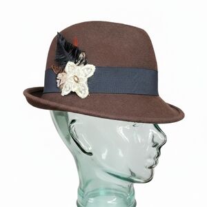 August Accessories 23"/L NEW Fedora Hat 100% Wool Dark Brown Feather Millinery